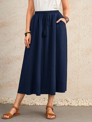 EMERY ROSE Drawstring Waisted Solid Flared Skirt
