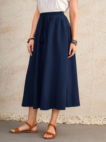 EMERY ROSE Drawstring Waisted Solid Flared Skirt