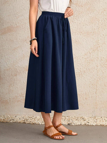 EMERY ROSE Drawstring Waisted Solid Flared Skirt