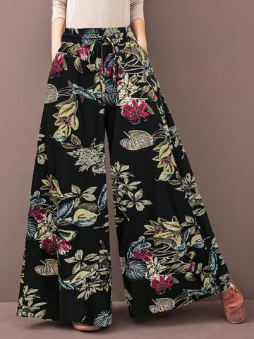 EMERY ROSE Elastic Waist Printed Casual Elegant Loose Wide Leg Pants For Women