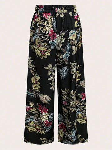 EMERY ROSE Elastic Waist Printed Casual Elegant Loose Wide Leg Pants For Women