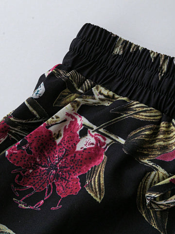 EMERY ROSE Elastic Waist Printed Casual Elegant Loose Wide Leg Pants For Women