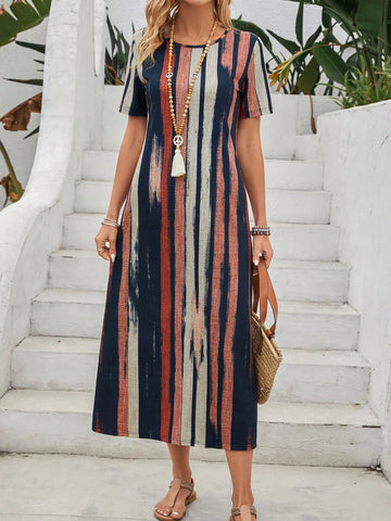 EMERY ROSE Elegant Women's Stripe Round Neck Long Dress