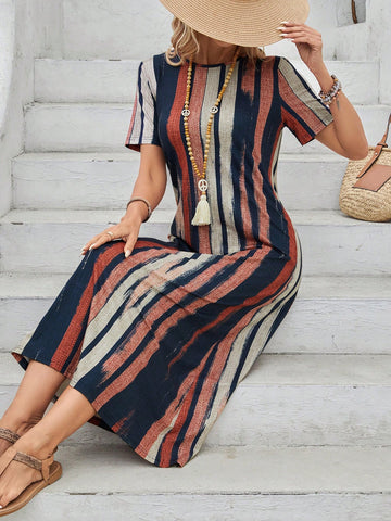 EMERY ROSE Elegant Women's Stripe Round Neck Long Dress