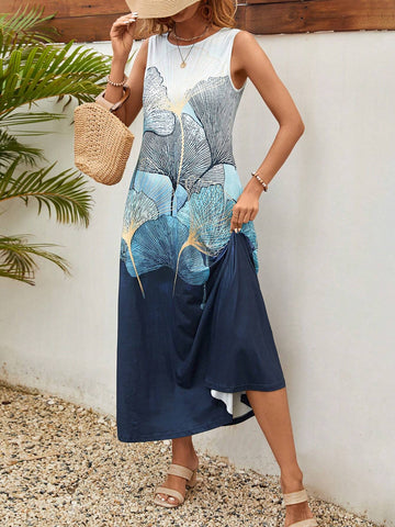 Fashionable Women's Loose Fit Ombre Printed Sleeveless Dress