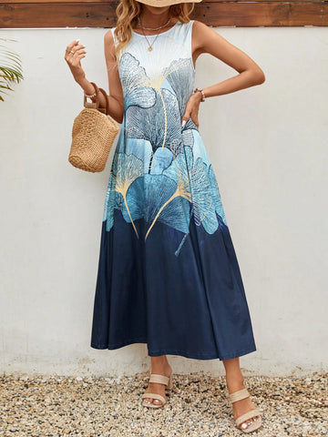 Fashionable Women's Loose Fit Ombre Printed Sleeveless Dress