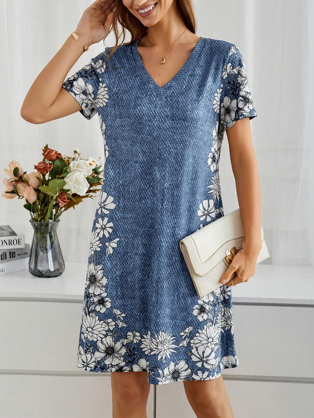 EMERY ROSE Floral Denim Print Dress