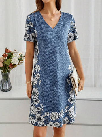 EMERY ROSE Floral Denim Print Dress