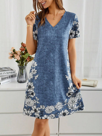 EMERY ROSE Floral Denim Print Dress