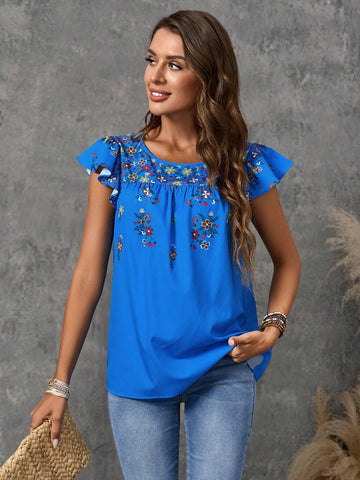 EMERY ROSE Floral Embroidery Butterfly Sleeve Blouse