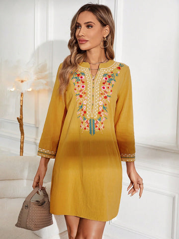 EMERY ROSE Floral Embroidery Notched Neckline Dress