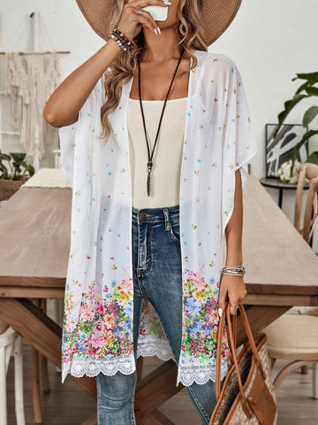 EMERY ROSE Floral Lace Patchwork Casual Fit Women's Casual Summer Top For Holidays