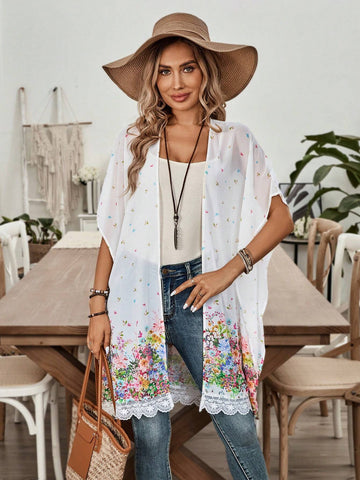 EMERY ROSE Floral Lace Patchwork Casual Fit Women's Casual Summer Top For Holidays