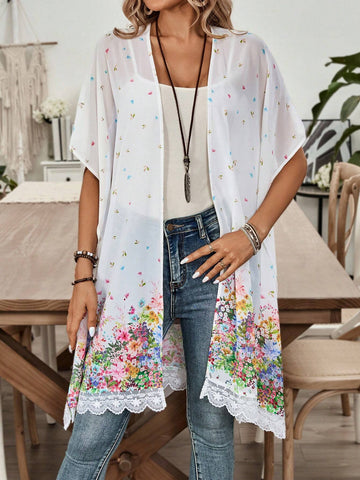 EMERY ROSE Floral Lace Patchwork Casual Fit Women's Casual Summer Top For Holidays