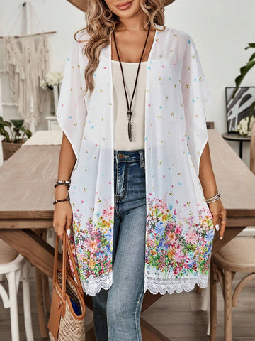 EMERY ROSE Floral Lace Patchwork Casual Fit Women's Casual Summer Top For Holidays