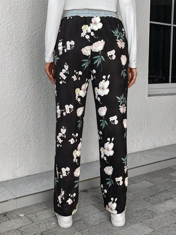 EMERY ROSE Floral Print Drawstring Waist Sweatpants