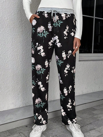 EMERY ROSE Floral Print Drawstring Waist Sweatpants