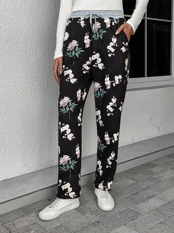 EMERY ROSE Floral Print Drawstring Waist Sweatpants