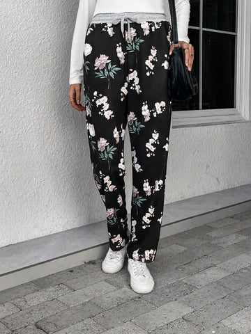 EMERY ROSE Floral Print Drawstring Waist Sweatpants
