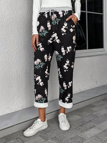 EMERY ROSE Floral Print Drawstring Waist Sweatpants