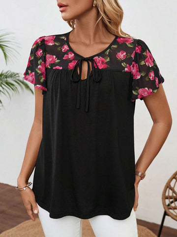 EMERY ROSE Floral Print Tie Neck Blouse For Summer Vacation