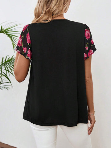 EMERY ROSE Floral Print Tie Neck Blouse For Summer Vacation