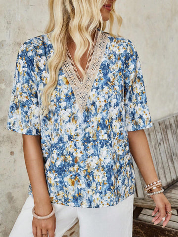 EMERY ROSE Floral Print V-Neck Mid-Sleeve Countryside Vacation Women's Blouse
