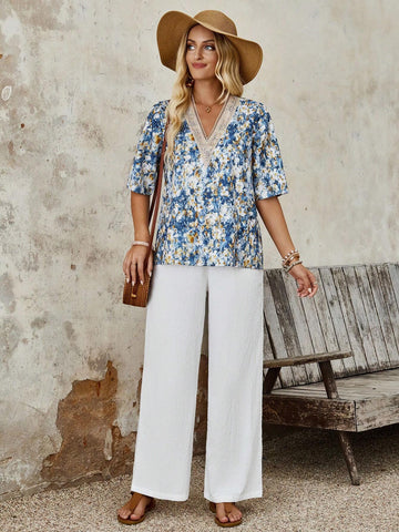 EMERY ROSE Floral Print V-Neck Mid-Sleeve Countryside Vacation Women's Blouse