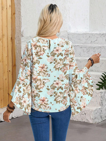 EMERY ROSE Floral Print V-Neck Ruffle Sleeve Casual Women's Shirt