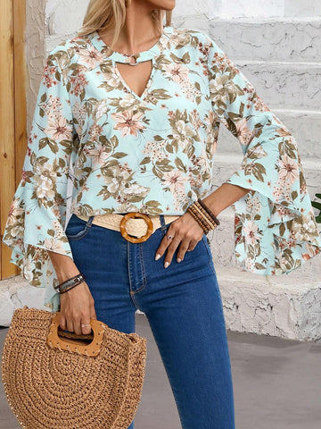 EMERY ROSE Floral Print V-Neck Ruffle Sleeve Casual Women's Shirt
