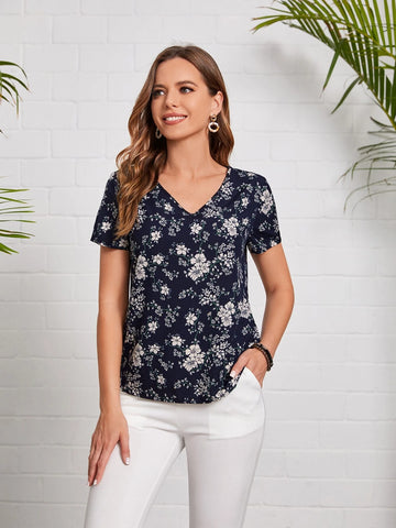 EMERY ROSE Floral Print V Neck Blouse