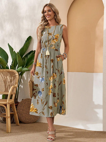 EMERY ROSE Floral Round Neck Sleeveless Dress With Pockets, Casual For Women's Daily Summer Wear