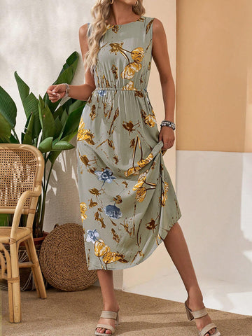 EMERY ROSE Floral Round Neck Sleeveless Dress With Pockets, Casual For Women's Daily Summer Wear