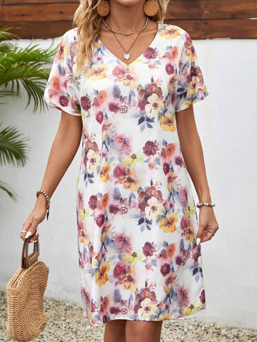 EMERY ROSE Floral Tie Dye V-Neck Short Sleeve Casual Women's Summer Dress