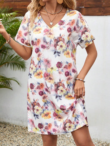 EMERY ROSE Floral Tie Dye V-Neck Short Sleeve Casual Women's Summer Dress