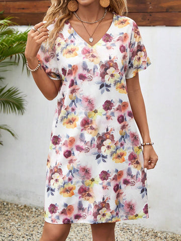 EMERY ROSE Floral Tie Dye V-Neck Short Sleeve Casual Women's Summer Dress