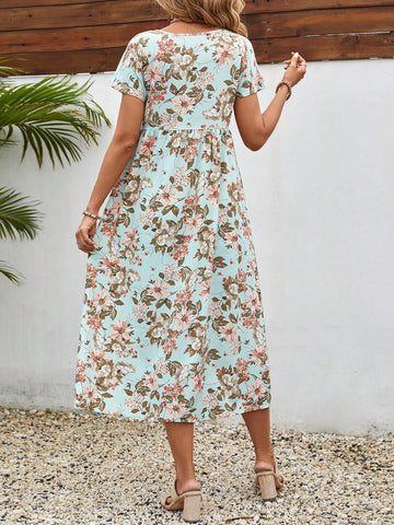 EMERY ROSE Floral V-Neck Short Sleeve Casual Dress For Women's Summer Vacation