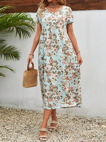 EMERY ROSE Floral V-Neck Short Sleeve Casual Dress For Women's Summer Vacation