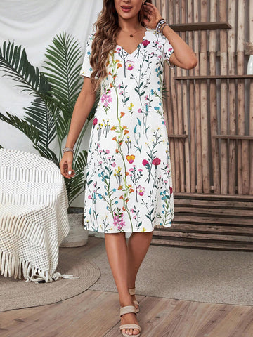 EMERY ROSE Flower Print Short Sleeve Casual Summer Dress