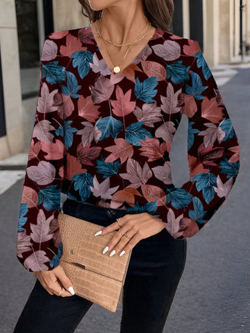 EMERY ROSE Full Leaf Print Casual Blouse For Women, Suitable For Autumn/Winter