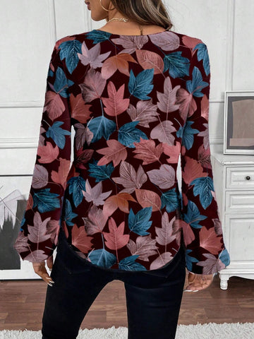 EMERY ROSE Full Leaf Print Casual Blouse For Women, Suitable For Autumn/Winter