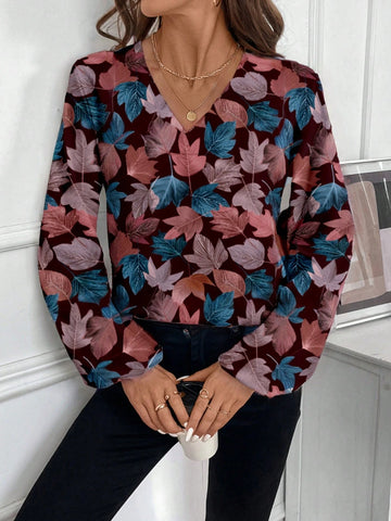 EMERY ROSE Full Leaf Print Casual Blouse For Women, Suitable For Autumn/Winter