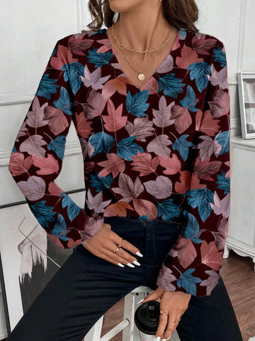 EMERY ROSE Full Leaf Print Casual Blouse For Women, Suitable For Autumn/Winter