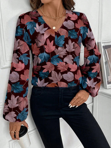EMERY ROSE Full Leaf Print Casual Blouse For Women, Suitable For Autumn/Winter