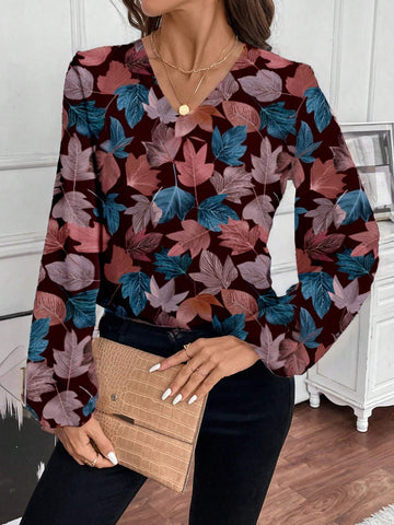 EMERY ROSE Full Leaf Print Casual Blouse For Women, Suitable For Autumn/Winter