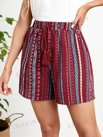 EMERY ROSE Geo Print Tassel Tie Waist Shorts
