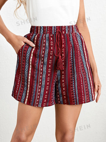 EMERY ROSE Geo Print Tassel Tie Waist Shorts