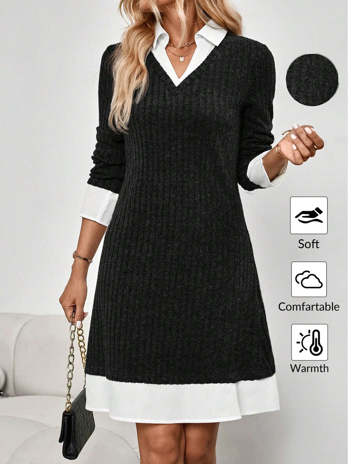 EMERY ROSE Grey Color Blocking With White Trim Office Dress Office Wear Women Business Casual Woman Women's Mini Dress