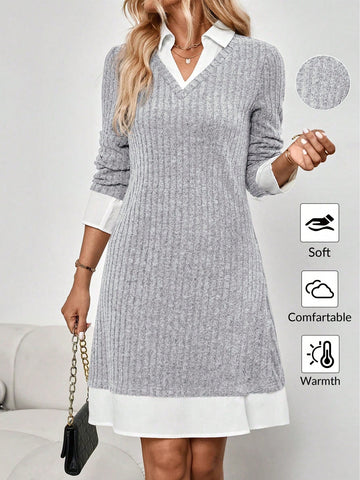 EMERY ROSE Grey Color Blocking With White Trim Office Dress Office Wear Women Business Casual Woman Women's Mini Dress