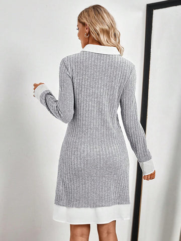 EMERY ROSE Grey Color Blocking With White Trim Office Dress Office Wear Women Business Casual Woman Women's Mini Dress